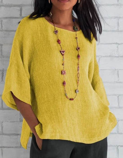 Women Fashion Casual blouse top 3/4 Sleeve Round Neck Blouses Summer Loose linen Tops Streetwear