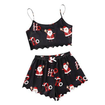 Pyjama de Noël européen et américain pour femme - Débardeur et short - Soie de lait - Simple et décontracté - Deux pièces - Vêtement d'intérieur