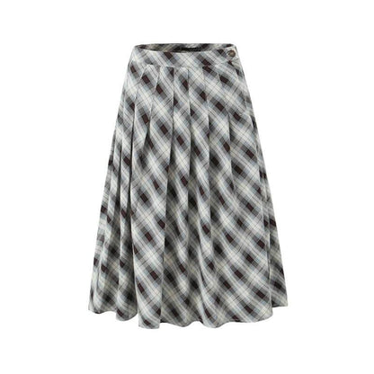 American Retro Low Waist Navel Plaid Pleated Long Skirt Women