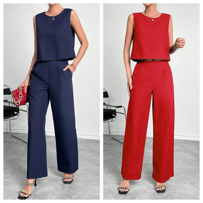 Women's Sleeveless Round Neck Crop Top & Wide Leg Pants Two-Piece Set – Casual Solid Color Office Wear Outfit