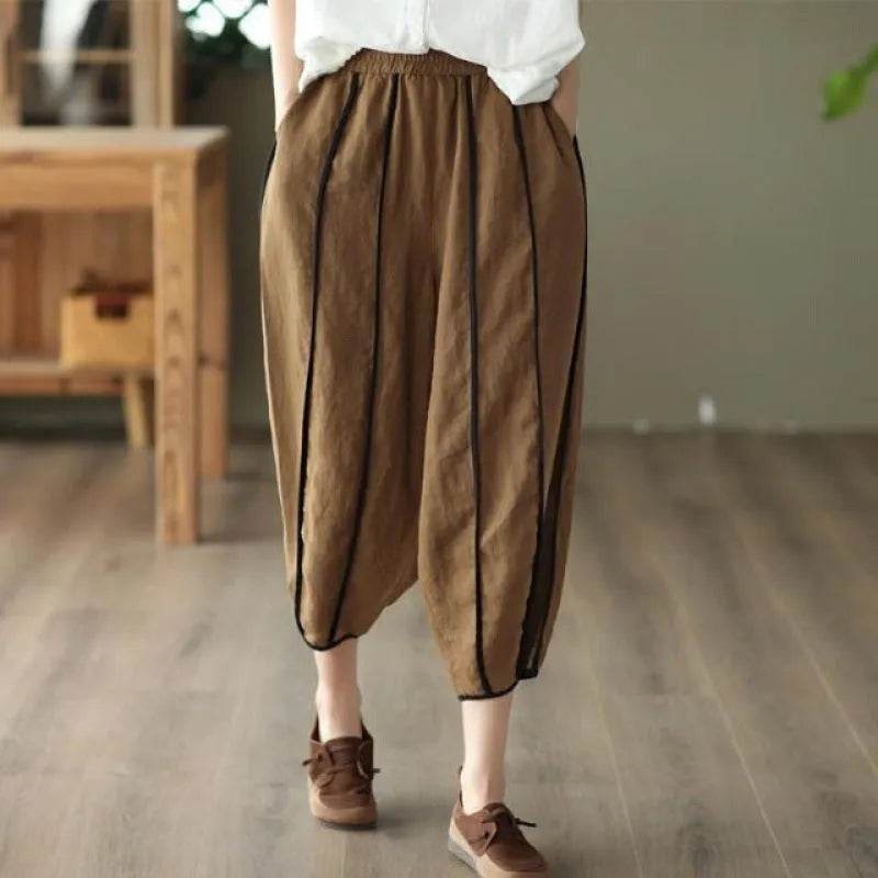 Summer Thin Striped Cotton And Linen Cropped trouser Pants For Women