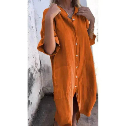 Women Loose Casual Half Sleeve Cotton Linen Buttoned down  Shirt Dress