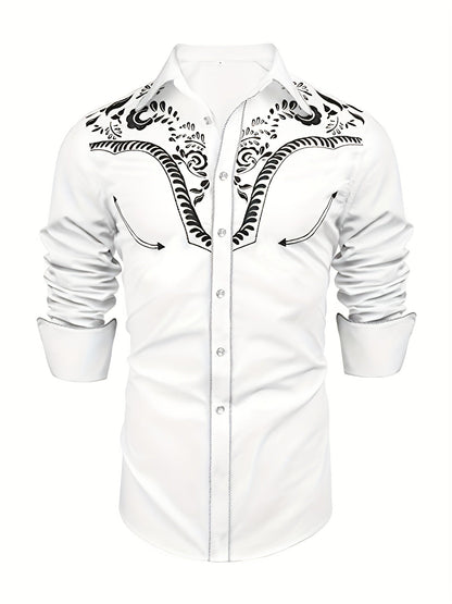 Western Cowboy Chic Long Sleeve Embroidered Shirt - Soft Cotton Blend, Elegant Design, Casual Style for Spring Fall Vacation Resort Wear - Men's Shirt for Outdoor Activities, Travel, and Leisure