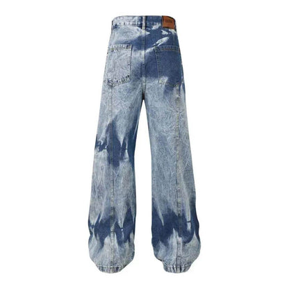 Street Retro Washed Distressed Tie-dye Multi-pocket Denim Trouser Unisex Baggy Cargo Denim Jeans Pants