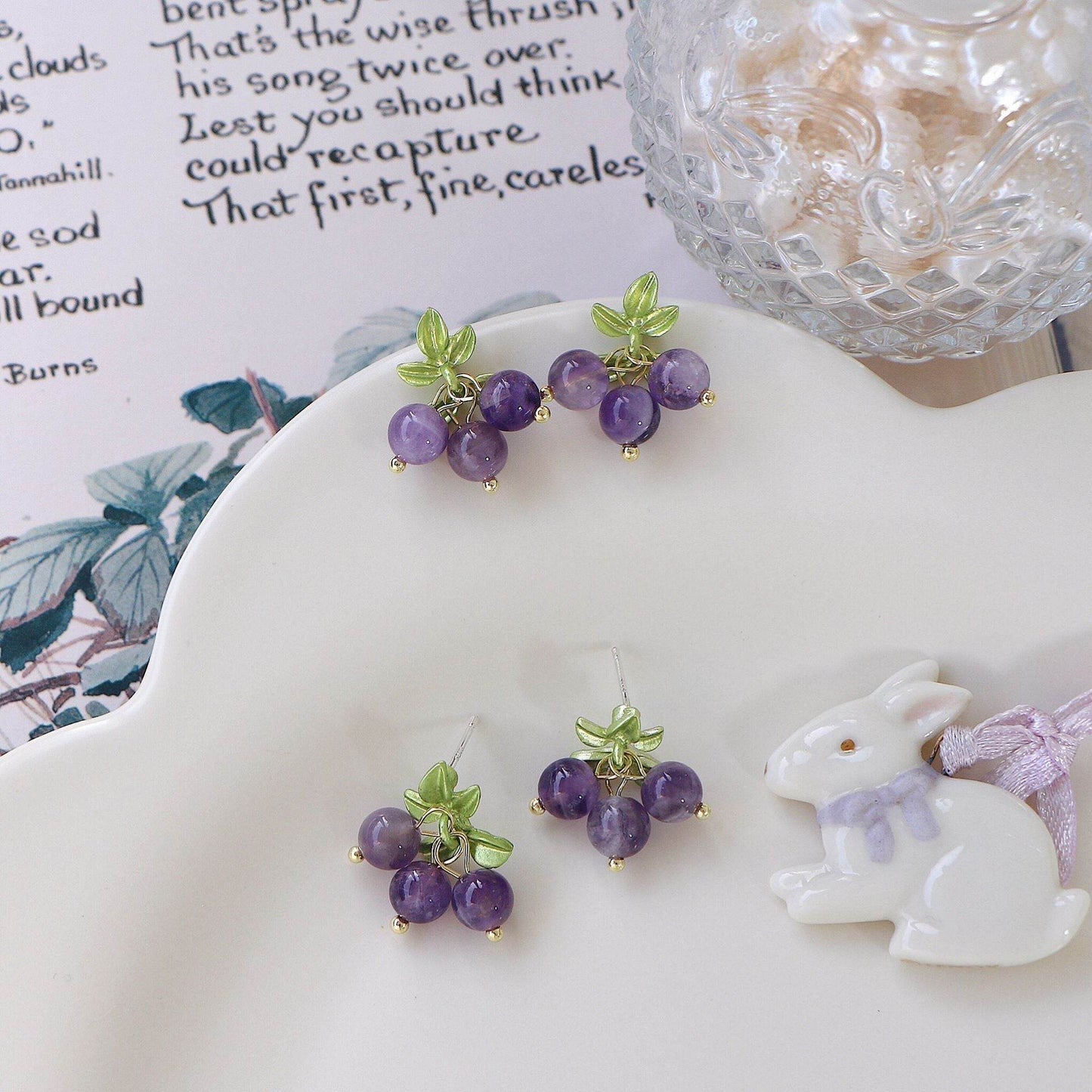 Female Purple Blueberry Fruit Beaded Earrings