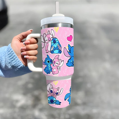Gobelet isotherme Disney Stitch & Angel 40oz avec poignée - Acier inoxydable, garde les boissons chaudes ou froides, comprend une paille - Cadeau parfait pour la Saint-Valentin pour la famille et les amis