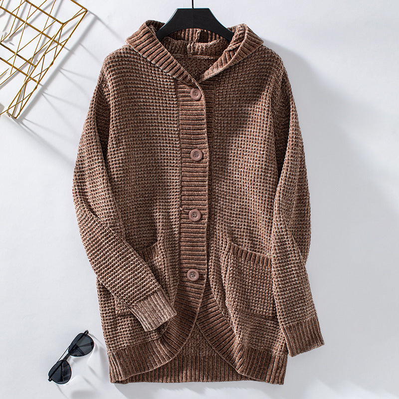 Women's Hooded Loose-Fit Mid-Length Knit Sweater