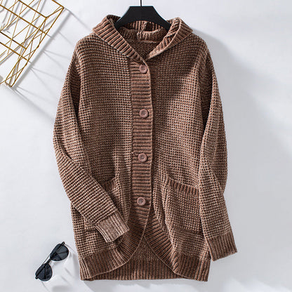 Women's Hooded Loose-Fit Mid-Length Knit Sweater