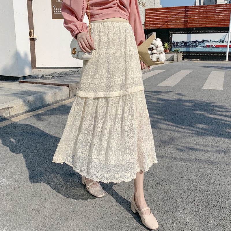 Spring Summer Women High waist Lace Midi Skirt