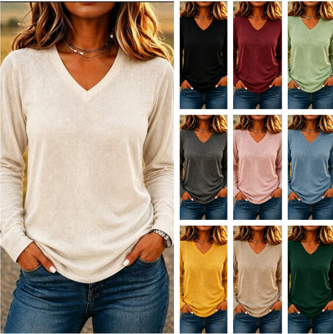 Women’s V-Neck Loose-Fit Long Sleeve T-Shirt – Solid Color Casual Pullover Top