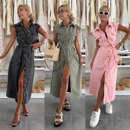 Elegant Lapel Single Breasted Button down Denim Midi Dress Tie belt Split Jeans Dress