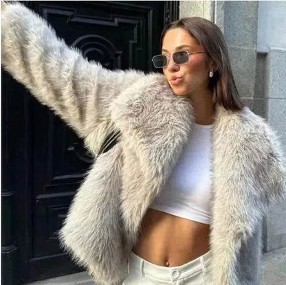 Manteau d'hiver en peluche à col ouvert et revers épais, manteau en fausse fourrure pour femmes