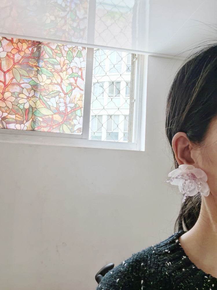 Temperament Flower Sweet Tulle Beaded Exaggerated Earrings