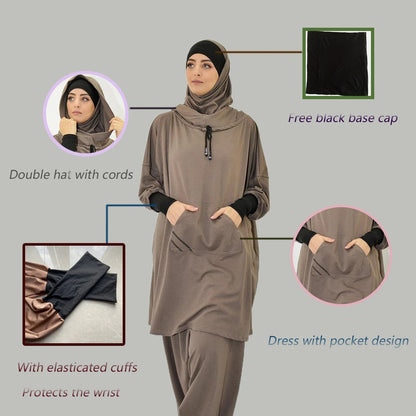 Middle East Arabic Solid Color Hooded Drawstring Pocket Two-piece Sports Suit