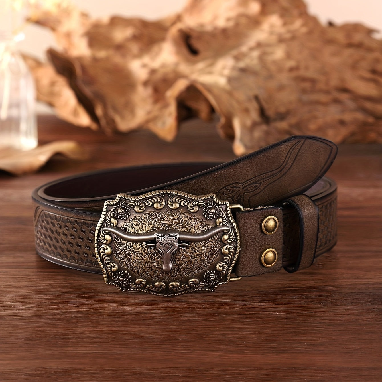 Ceinture Western Vintage pour Homme avec Détails Gaufrés et Boucle Unique - Similicuir Tendance, Bords Brodés, Style Décontracté