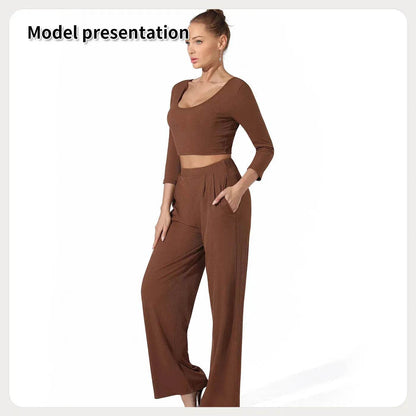 Women Fashion Casual Matching 2pcs set Long Sleeve Crop top and Pant set