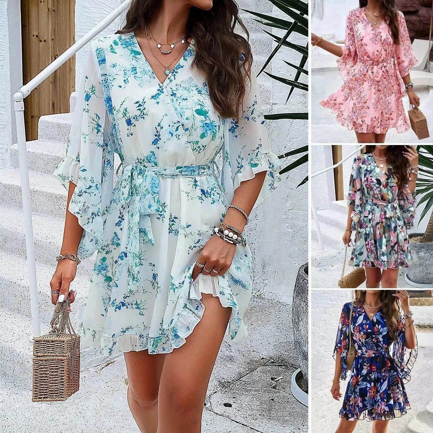 Robe courte décontractée d'été en mousseline à imprimé floral, manches courtes, à lacets, volants, col en V, mini-robes courtes, vêtements pour femmes