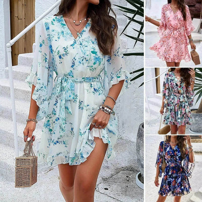Robe courte décontractée d'été en mousseline à imprimé floral, manches courtes, à lacets, volants, col en V, mini-robes courtes, vêtements pour femmes