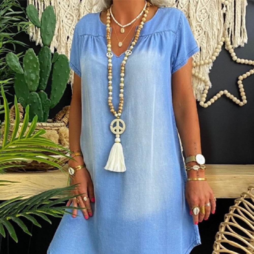 Round Neck Pleated Loose Solid Color Casual Plus Size Denim Dress