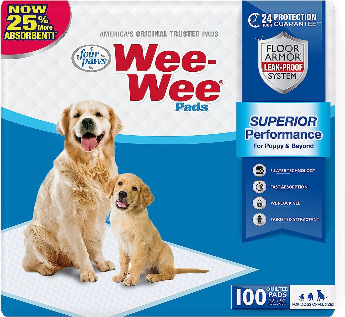 Alèses absorbantes Wee-Wee pour chiens, 100 unités, Original (Chiot) : 22,5" X 23"