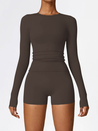 Women's Four Seasons Sports Suit, Women's Long Sleeve Round Neck Sports T-shirt And High Waist Tight Shorts Yoga Suit.