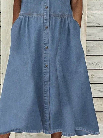 Women's European And American Lapel Casual loose button down Midi Denim jeans Mum Dress