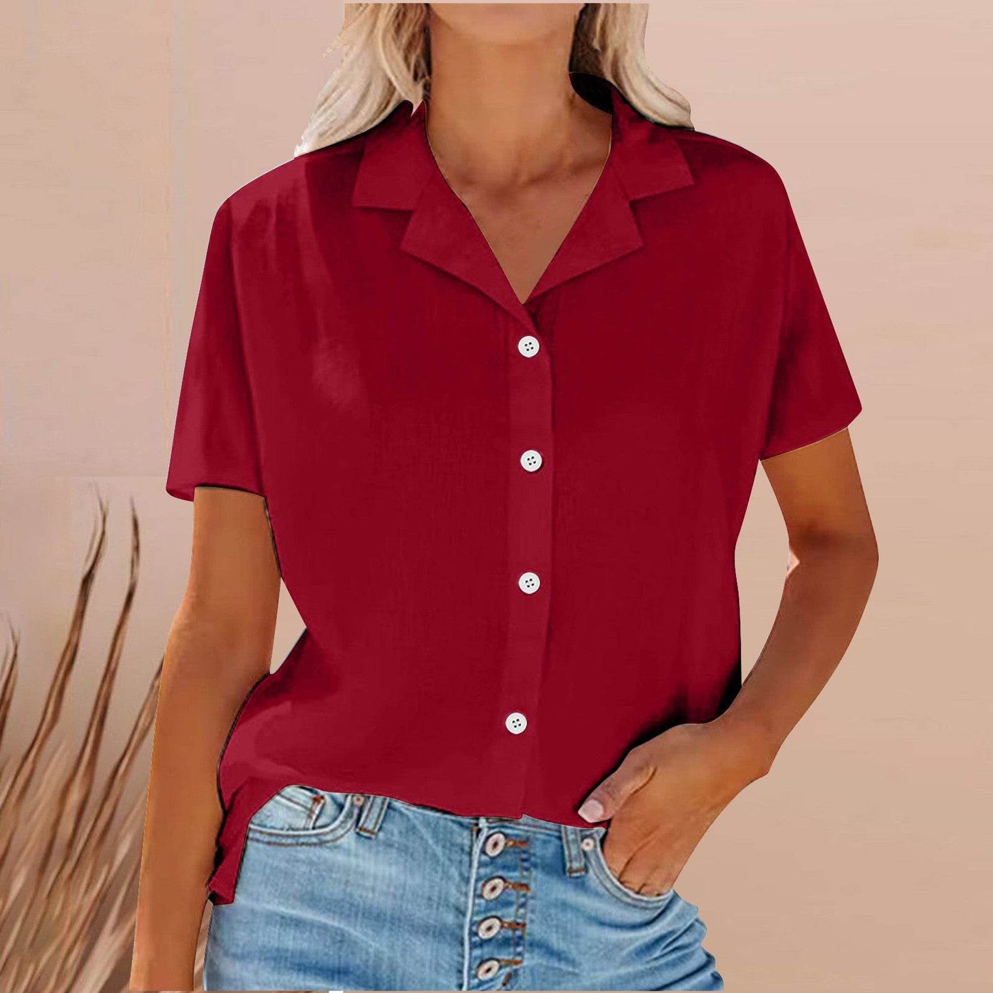 Spring Summer Lapel Cotton And Linen Casual short sleeve Shirt For Women