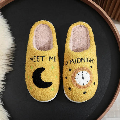 Chaussons d'intérieur imprimés lune et horloge, pantoufles chaudes d'hiver pour chambre à coucher pour femmes
