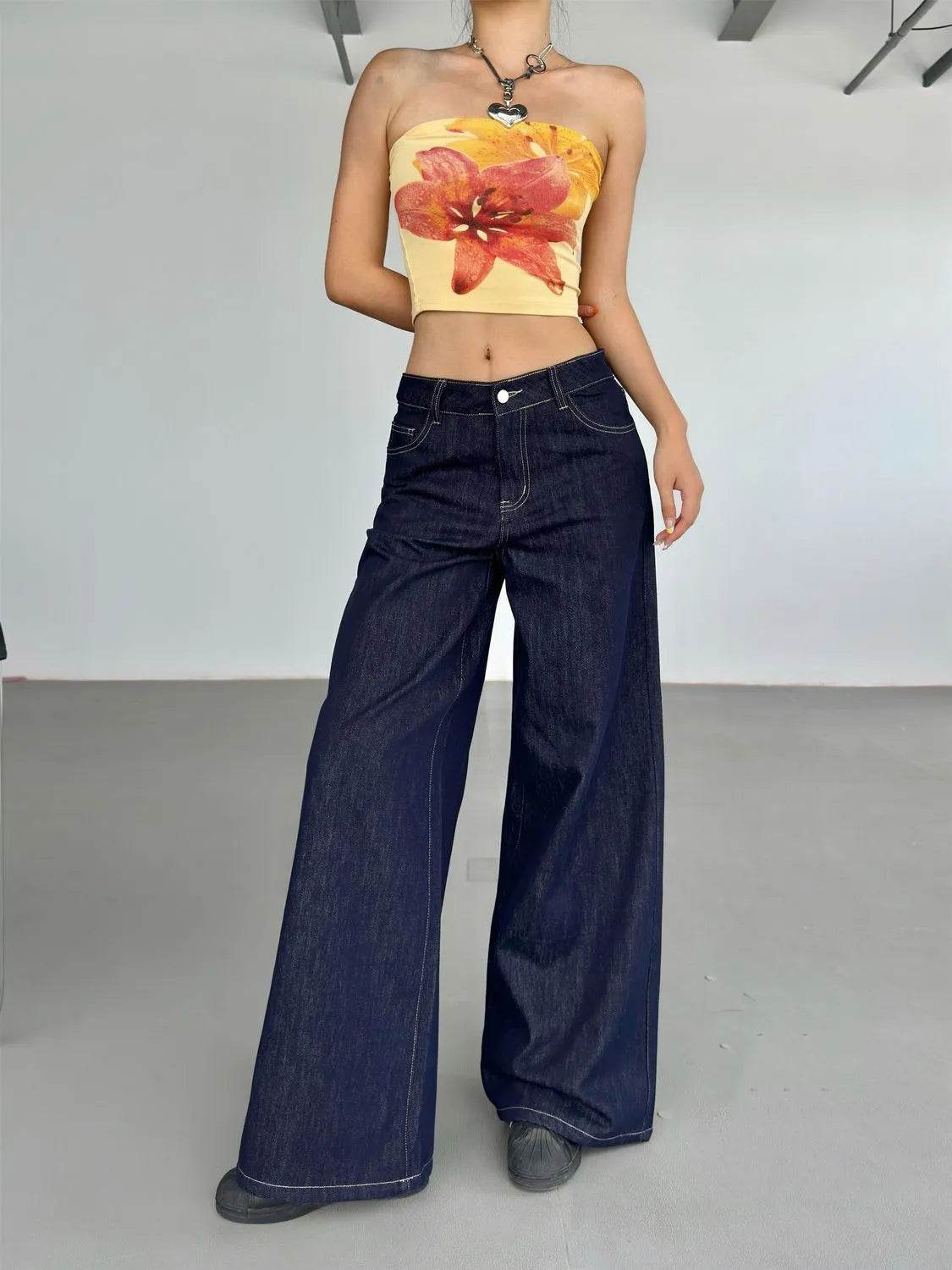 Pantalon Jean Ample Jambe Large Rétro Américain Tendance pour Femme