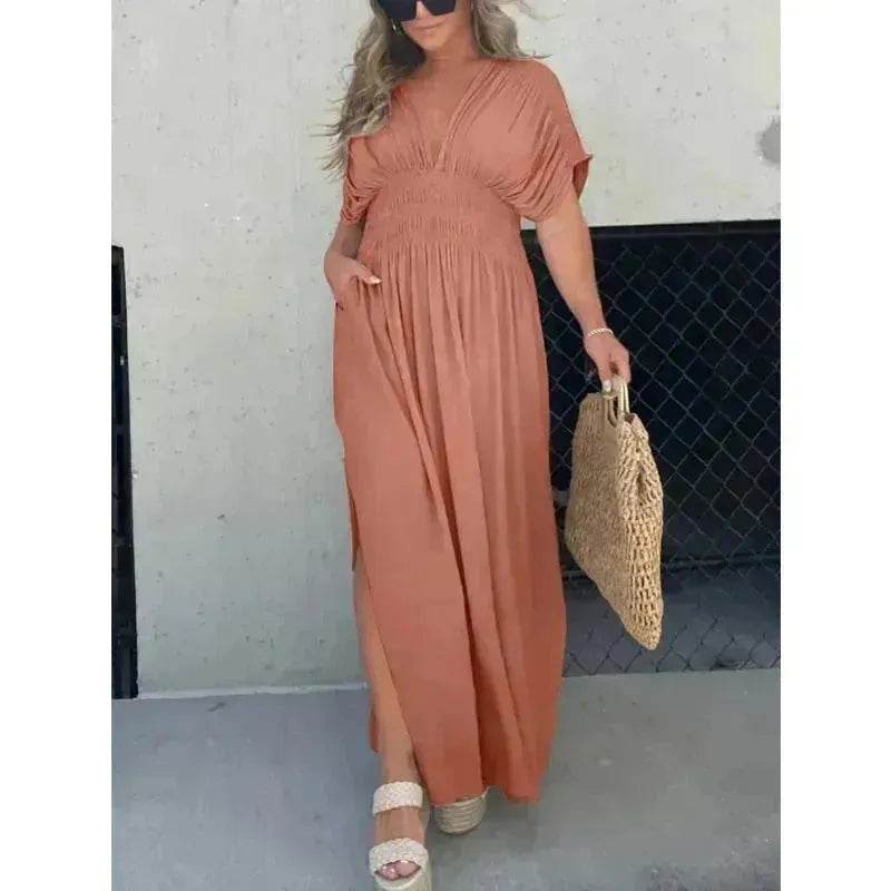Robe longue fendue d'été à manches chauve-souris, col en V, taille élastique et manches courtes pour femme