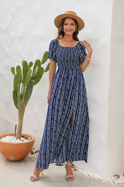 Robe longue élégante à épaules dénudées pour le printemps et l'été, en mousseline fendue, idéale pour les vacances à la plage et les séjours en station balnéaire.