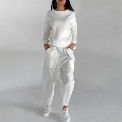 Fashion Women's Lounge Set – Solid Color Pullover Top and Wide Leg Trousers