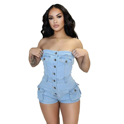 Women Denim Tube Romper Jumpsuit Strapless Bodycon Denim Short Jumpsuit