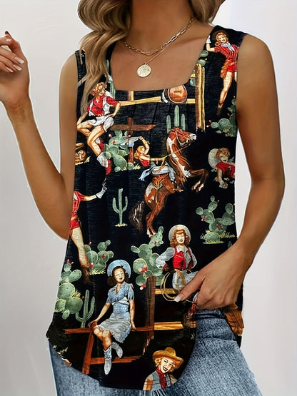 Plus Size Western Chic Vest Tank Top - Relaxed Fit, Medium Stretch, Random Cowboy Print, Square Neck, Pleated Design - Casual Polyester Top for All Seasons
