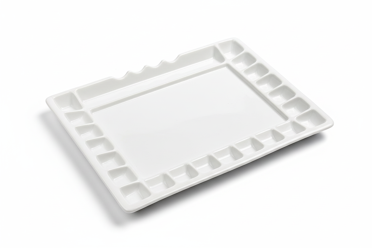 21 Wells Ceramic Color Tray Palette 12" x 15 3/4" - 1 Large Mixing Area and 4 Inclined Brush Holders
