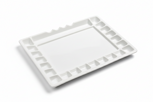 21 Wells Ceramic Color Tray Palette 12" x 15 3/4" - 1 Large Mixing Area and 4 Inclined Brush Holders