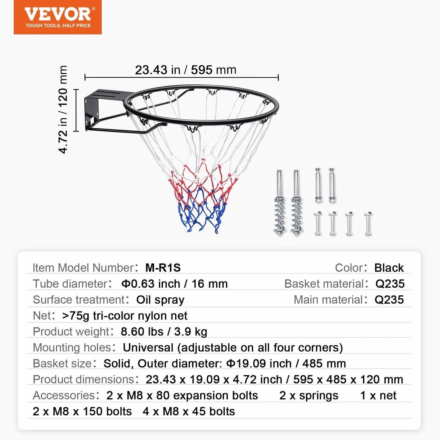 Cercle de basket-ball, panier de basket-ball mural/à accrocher à la porte, remplacement de but de basket-ball robuste Q235 avec filet et double ressort, panier standard de 45 cm pour intérieur et extérieur pour enfants et adultes