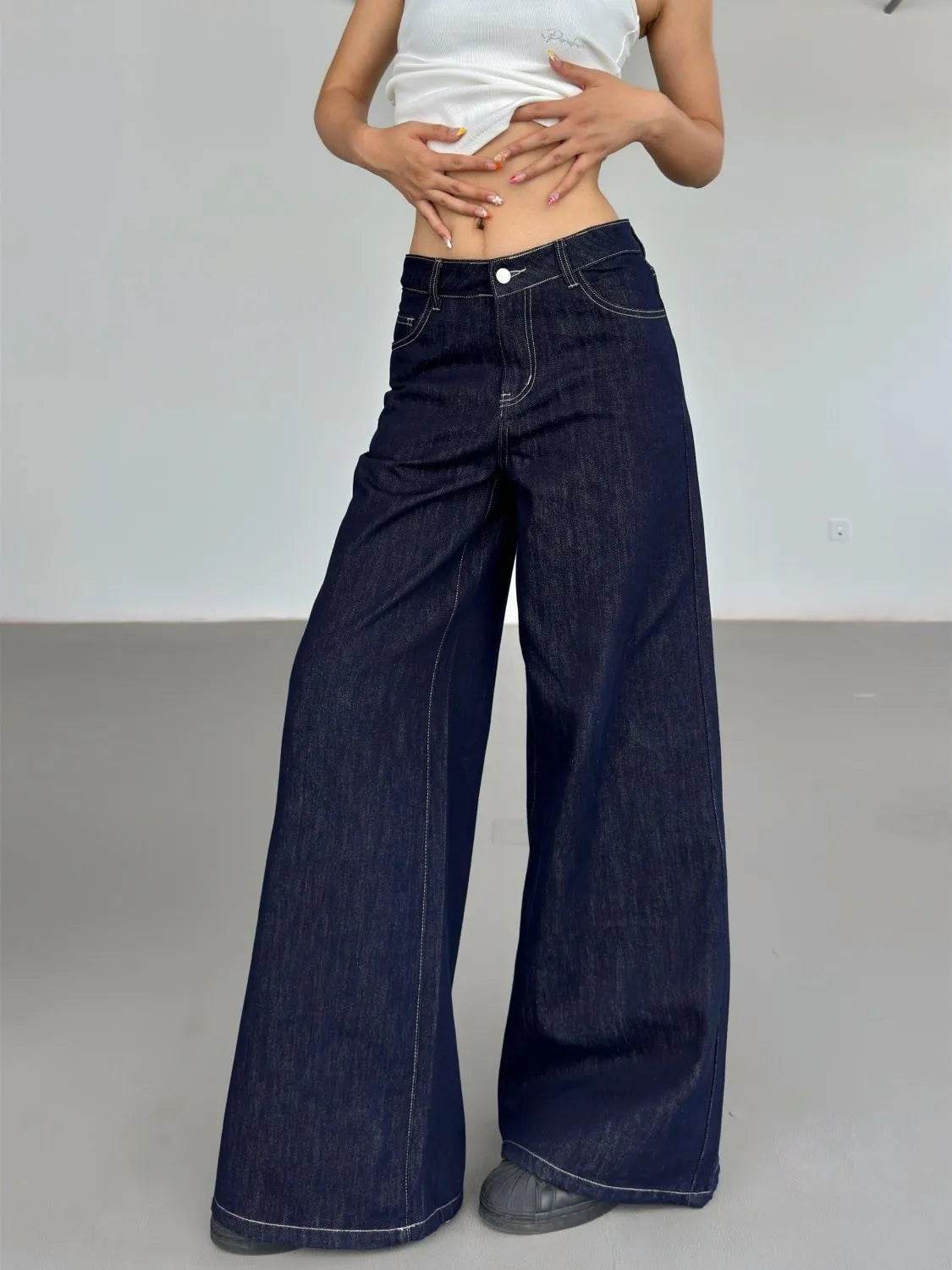 Pantalon Jean Ample Jambe Large Rétro Américain Tendance pour Femme