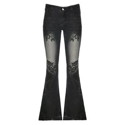 Printed Worn Baggy Jeans Pant Slimming Washed Women