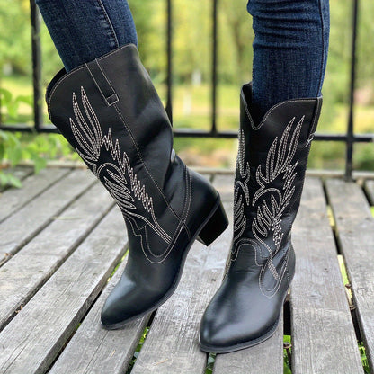 Fashionable Womens Embroidered Cowboy Boots - Trendy Chunky Heel, Pointed Toe, Faux Leather, Supreme Comfort for All-Day Glamour