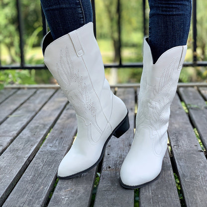 Fashionable Womens Embroidered Cowboy Boots - Trendy Chunky Heel, Pointed Toe, Faux Leather, Supreme Comfort for All-Day Glamour