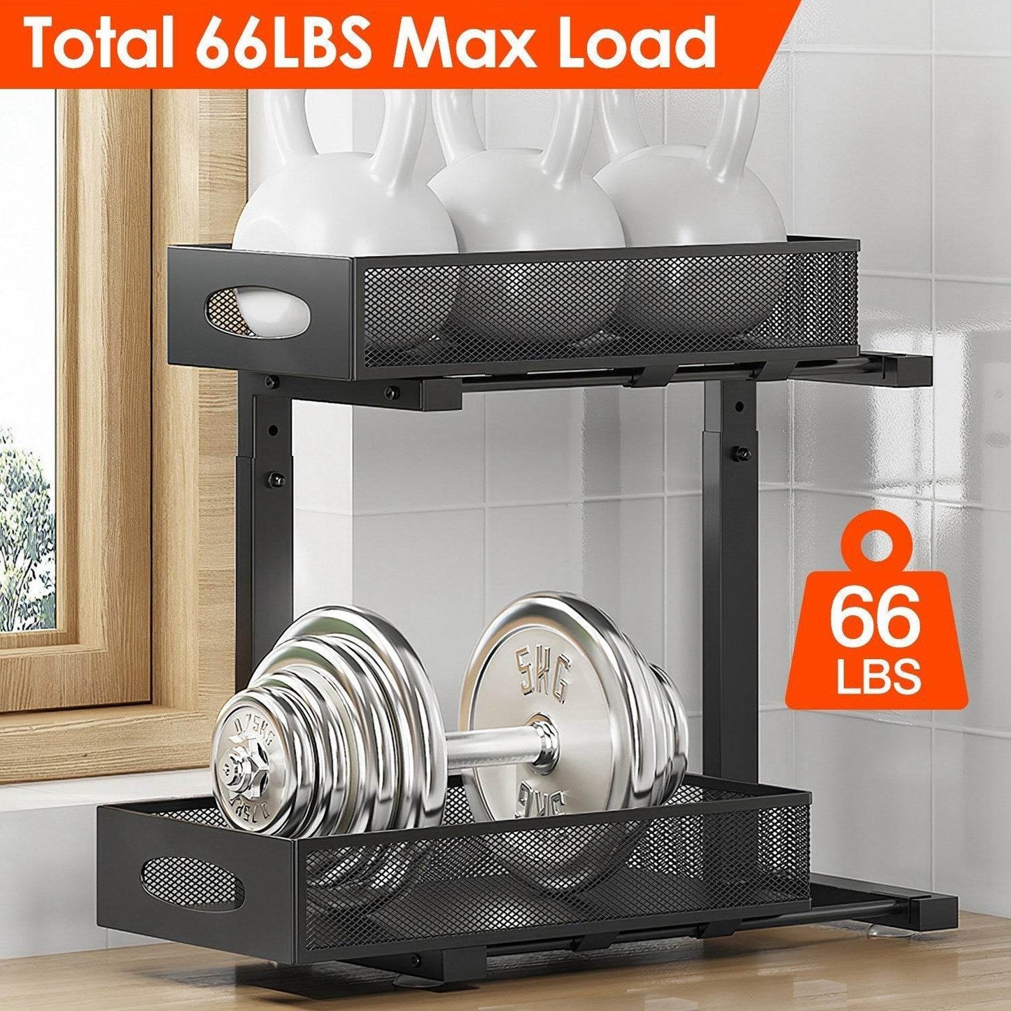 2 paniers de rangement coulissants à 2 niveaux pour dessous d'évier avec 5 paniers en maille à hauteur réglable pour cuisine, salle de bain, bureau à domicile