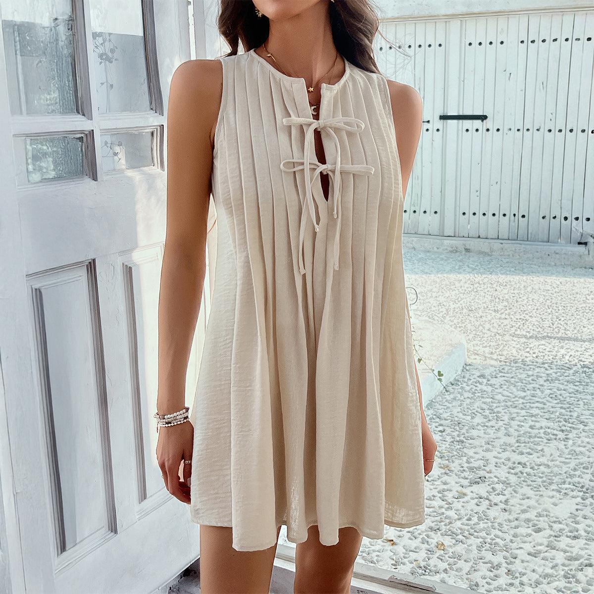 Women’s Solid Color Lace-Up Pleated Mini Dress – Sleeveless Casual Summer Party Dress
