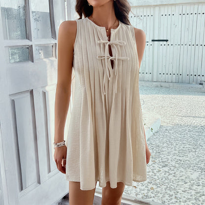 Women’s Solid Color Lace-Up Pleated Mini Dress – Sleeveless Casual Summer Party Dress