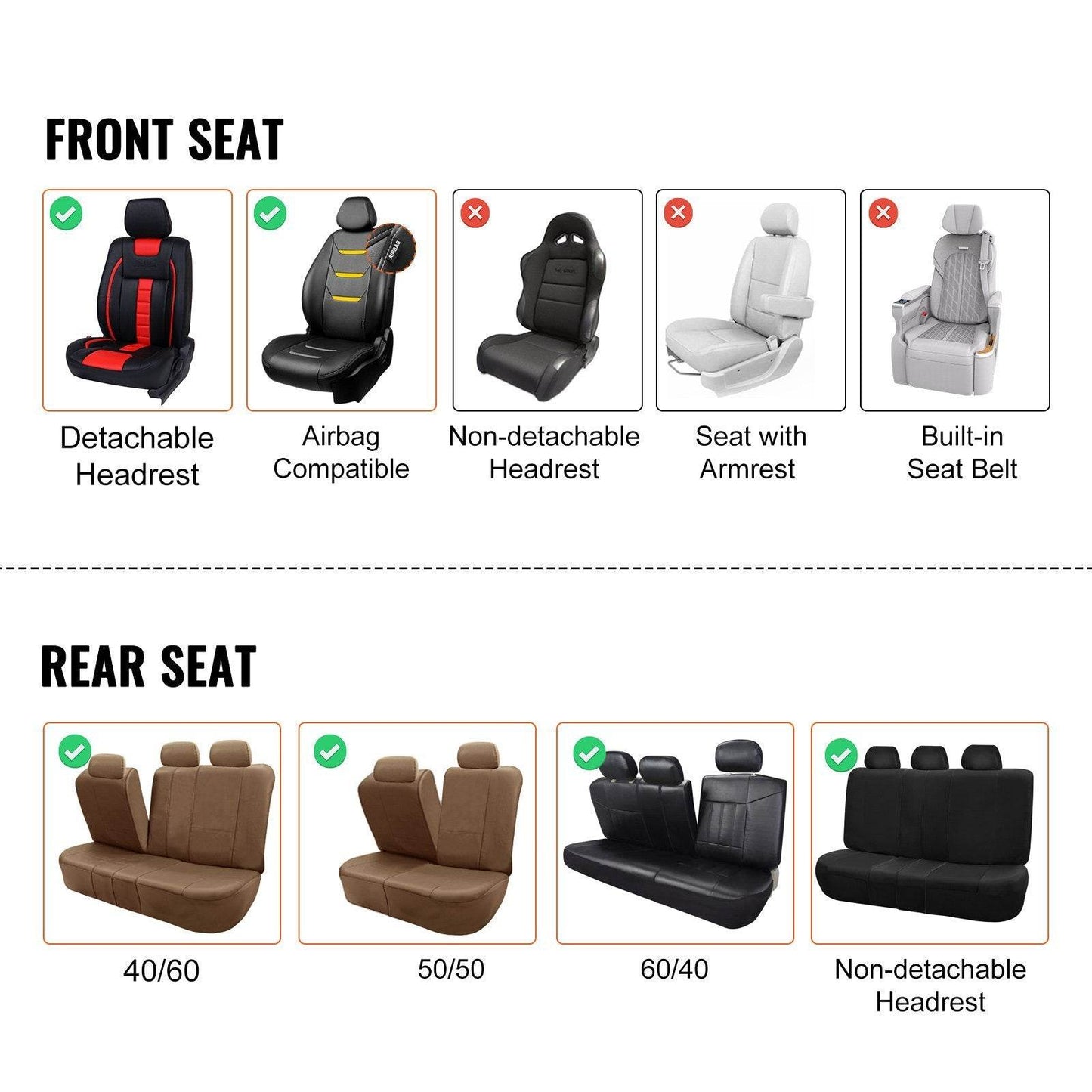 Seat Covers, Universal Car Seat Covers Full Set Seats, Front And Rear Seat, 13pcs Faux Leather Seat Cover, Full Enclosed Design, Detachable Headrest And Airbag Compatible, For Most Car SUV Truck