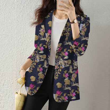 Women's Button Printed Long-sleeved Pocket Vintage Cotton And Linen jacket Blazer