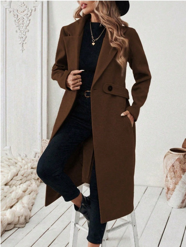 Women’s Double-Breasted Wool Coat – Solid Color Lapel Collar Winter Jacket