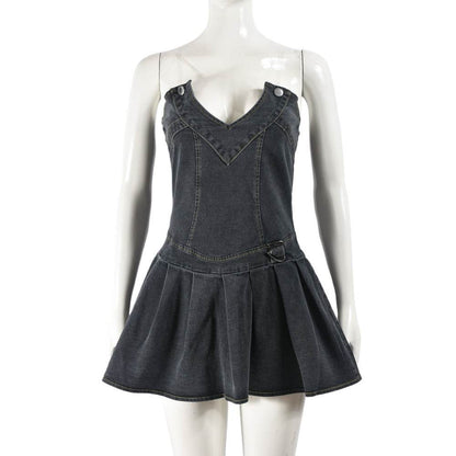 Hot Girl French Pleated V-neck Denim  Tube top Dress