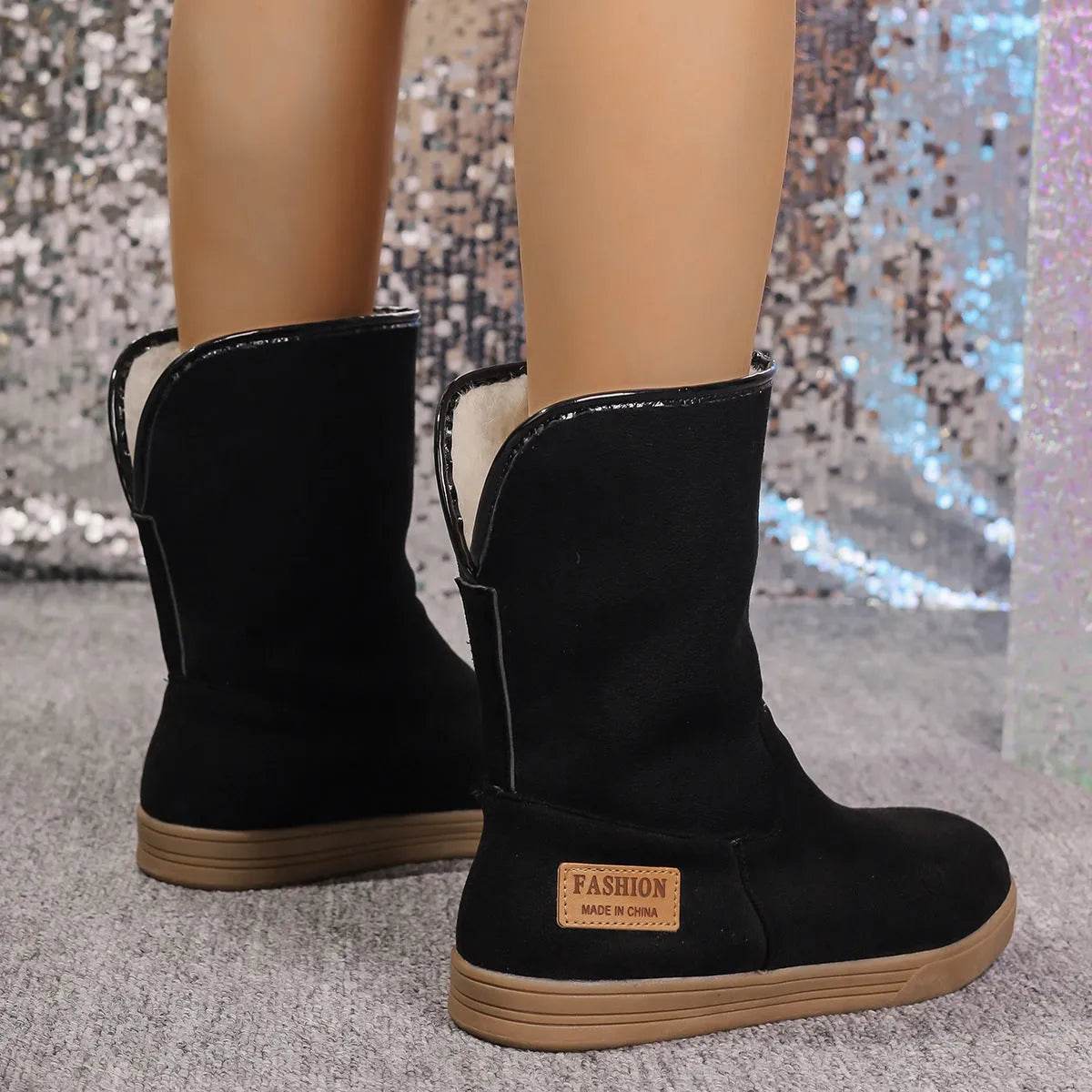 Bottes de neige pour femmes hiver chaud antidérapantes plates mi-mollet en velours et coton épais