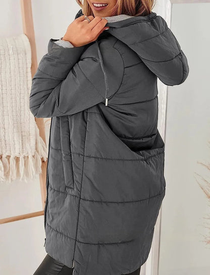 Women’s Hooded Long Cotton Coat with Pockets – Solid Color Casual Winter Jacket